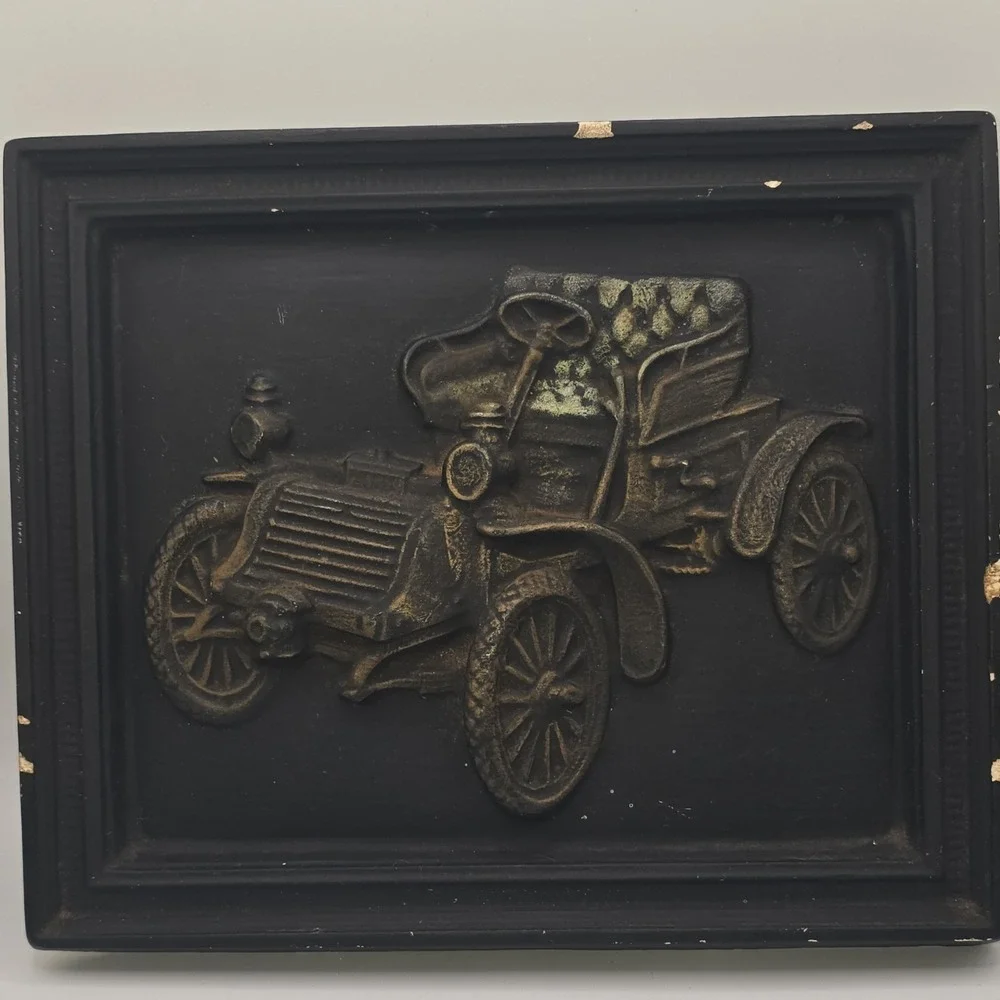 1908 Antique Car Relief Plaque Collectible Decorative Sign Black Frame
